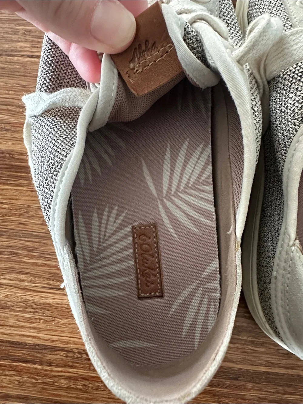 OluKai Women’s Knit Low-Top Sneakers in Light Gray and Cream